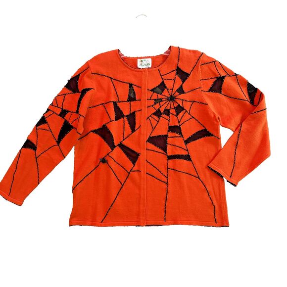 Quacker Factory Halloween Beaded Spiderweb Cardigan Womens Sz L Orange Black NEW - Picture 10 of 16